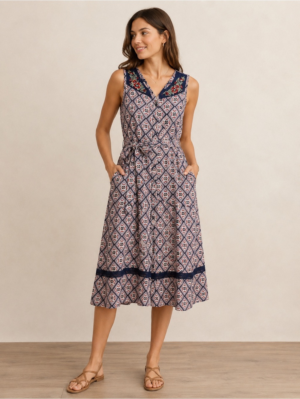April Cornell Navy and Red Geometric Midi Dress